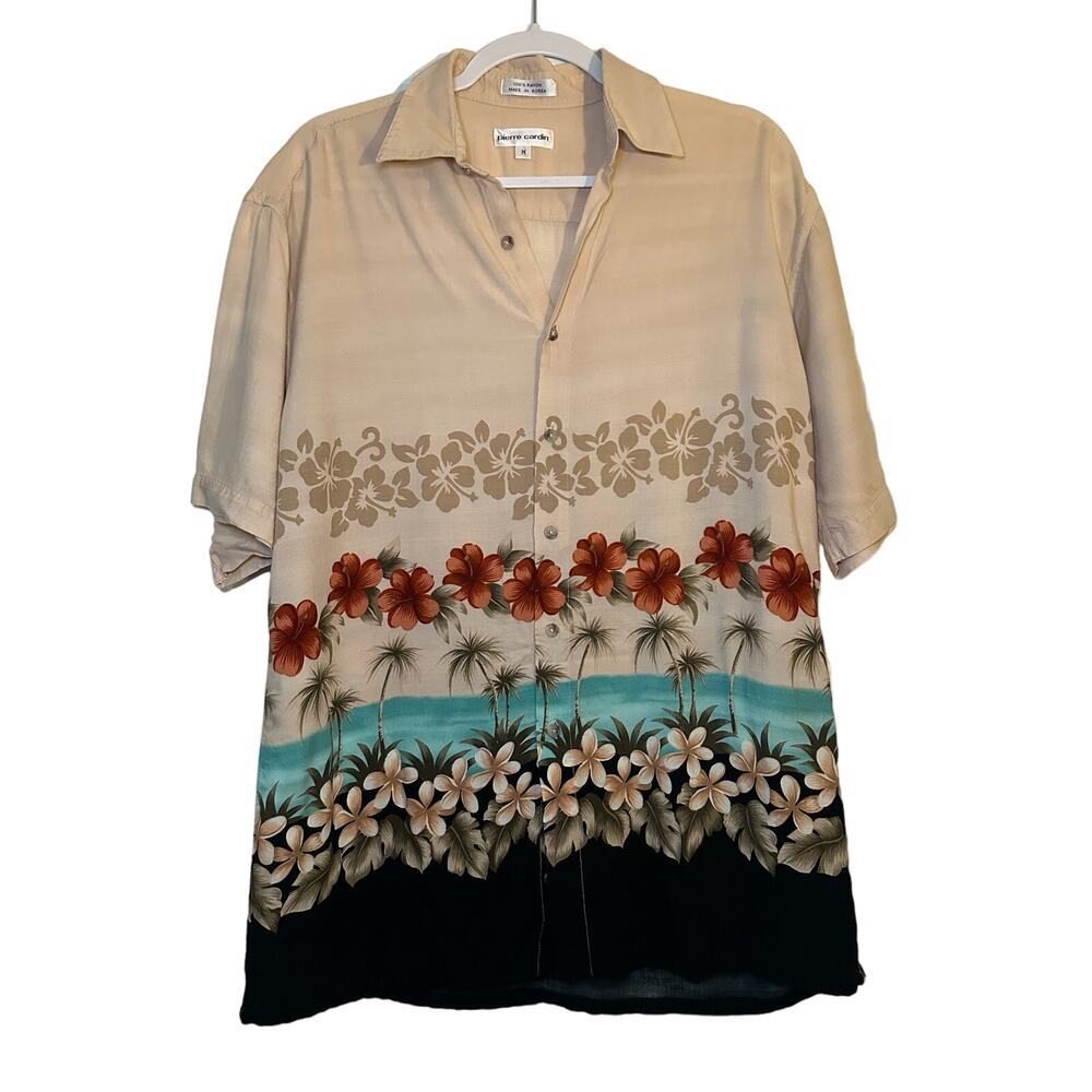 Pierre Cardin Hawaiian Button Front Shirt Men's Sz‎ M Tropical Vacation Rayon